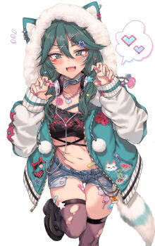 1girl :d black_shoes blue_collar blue_jacket blue_nails blue_shorts blush breasts brown_thighhighs claw_pose collar collarbone commentary_request denim denim_shorts fake_tail fangs fur-trimmed_hood fur_trim green_eyes green_hair groin hair_between_eyes hair_ornament hairclip heart highres hood hood_up hooded_jacket jacket kayanogura kiriko_(overwatch) loafers long_hair long_sleeves looking_at_viewer medium_breasts multicolored_nails nail_polish navel notice_lines open_clothes open_jacket open_mouth overwatch pink_nails pixelated puffy_long_sleeves puffy_sleeves shoes short_shorts shorts simple_background sleeves_past_wrists smile solo spoken_heart standing standing_on_one_leg star_(symbol) star_hair_ornament tail thighhighs torn_clothes torn_shorts torn_thighhighs white_background x_hair_ornament