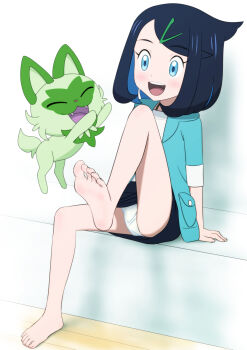 Rule 34 | 1girl, :d, absurdres, barefoot, black hair, black skirt, blue eyes, blue hair, blue jacket, colored inner hair, feet, full body, hair ornament, hairclip, highres, jacket, leg up, light blush, liko (pokemon), looking at another, medium hair, multicolored hair, nintendo, ogyadya, open mouth, panties, pantyshot, pokemon, pokemon (anime), pokemon horizons, short hair, sitting, skirt, smile, soles, sprigatito, teeth, thighs, toes, underwear, upper teeth only