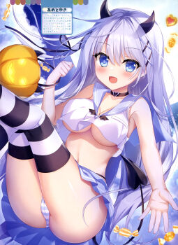 Rule 34 | 1girl, :d, absurdres, ameto yuki, armpit crease, artist name, black choker, black ribbon, black thighhighs, blue eyes, blue panties, blue skirt, blush, breasts, bucket, cameltoe, candy, choker, cleavage, cloud, collarbone, cropped shirt, demon girl, demon horns, demon tail, dengeki moeoh, fang, feet out of frame, food, full moon, grey hair, hair between eyes, hair ornament, hair ribbon, hairclip, halloween, halloween bucket, heart, heart choker, highres, holding, holding bucket, horns, jack-o'-lantern, legs up, long hair, looking at viewer, magazine scan, medium breasts, microskirt, moon, navel, open mouth, original, panties, parallel hairclips, revealing clothes, ribbon, sailor collar, sailor shirt, scan, shiny skin, shirt, skin fang, skirt, smile, solo, souffle (ameto yuki), straight hair, striped clothes, striped panties, striped thighhighs, tail, thighhighs, third-party source, translation request, underboob, underwear, white panties, white thighhighs