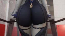 1girl 3d 60+fps almightypatty animated ass ass_focus black_shirt black_thighhighs blouse blurry depth_of_field eula_(genshin_impact) from_behind genshin_impact grey_thighhighs highres huge_ass jiggle leotard long_sleeves shirt solo thigh_strap thighhighs thighs treadmill video walking