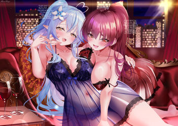 Rule 34 | 2girls, ahoge, alt text, alternate costume, alternate hairstyle, barefoot, blue hair, blue nightgown, blue panties, blue streaks, breasts, chair, city lights, cleavage, closed mouth, colored inner hair, colored tips, commentary request, cowboy shot, curvy, double-parted bangs, elf, empire waist, flower, frilled panties, frills, hair flower, hair ornament, heart, heart ahoge, heterochromia, high ponytail, highres, hololive, houshou marine, indoors, lace-trimmed nightgown, lace trim, large breasts, lens flare, long hair, looking at viewer, mizuno kurage, multicolored hair, multiple girls, nail polish, narrow waist, navel, nightgown, on chair, panties, pointy ears, ponytail, reclining, red eyes, red hair, red nightgown, see-through clothes, see-through nightgown, smile, streaked hair, thick thighs, thighs, underwear, very long hair, virtual youtuber, watermark, white flower, white nails, wide hips, yellow eyes, yukihana lamy