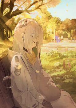 1girl absurdres admi_(nikke) animal animal_on_lap bench black_collar black_skirt bow bowtie bubble cat closed_eyes collar collared_shirt commentary earphones from_side goddess_of_victory:_nikke grass green_hair grey_sweater hair_ornament headgear highres jacket medium_hair multicolored_hair on_bench on_lap park peparonipi20 playground pleated_skirt shirt sitting skirt sleeping solo streaked_hair sunlight sweater symbol-only_commentary tree two-sided_fabric two-sided_jacket white_hair white_jacket white_shirt wooden_bench yellow_bow yellow_bowtie