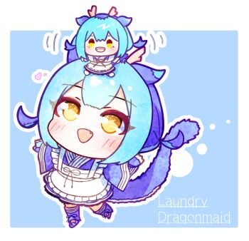 1girl apron biscuit_(oishiibiscuit) blue_background blue_kimono blush border character_doll chibi commentary_request deformed doll doll_on_head dragon_girl dragon_horns dragon_tail duel_monster eastern_dragon_horns fang fangs heart horns japanese_clothes kimono lace-trimmed_apron lace_trim laundry_dragonmaid long_sleeves looking_up maid maid_apron medium_hair open_mouth smile solo sparkle stuffed_toy tail two-tone_background wa_maid white_background white_border wide_sleeves yellow_eyes yu-gi-oh!