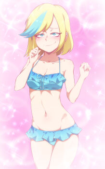 1girl bare_shoulders bikini bikini_skirt blonde_hair blue_bikini blue_eyes blue_hair blush breasts child collarbone commentary cowboy_shot earclip english_commentary facing_viewer female_focus groin hands_up highres jcm2 looking_at_viewer medium_hair multicolored_hair navel pink_background sam_(the_loud_house) sam_sharp small_breasts smile solo sparkle sparkle_background standing stomach streaked_hair swept_bangs swimsuit the_loud_house two-tone_hair