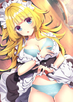 1girl :o \||/ absurdres alternate_costume apron aqua_bra aqua_panties black_dress blonde_hair blue_eyes blunt_bangs blush bra breasts cleavage clothes_lift collarbone commentary_request cowboy_shot dress dress_lift dutch_angle enmaided frilled_apron frilled_wrist_cuffs frills hair_intakes hair_ornament hair_spread_out hairclip hands_up highres indoors large_breasts lifting_own_clothes limelight_lemonade_jam lingerie long_hair looking_at_viewer lying maid maid_apron maid_headdress on_back on_table open_clothes open_dress open_mouth panties parallel_hairclips presenting shimakoshi_tsukimi short_sleeves solo sukonbu385 table underwear watermark white_apron white_wrist_cuffs wrist_cuffs