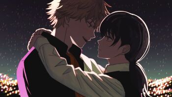 1girl black_hair breasts chainsaw_man closed_mouth collared_shirt couple denji_(chainsaw_man) dress fourth_east_high_school_uniform hair_between_eyes hetero long_hair looking_at_another mccheese mitaka_asa open_mouth pinafore_dress school_uniform second-party_source shirt sleeveless sleeveless_dress smile white_shirt