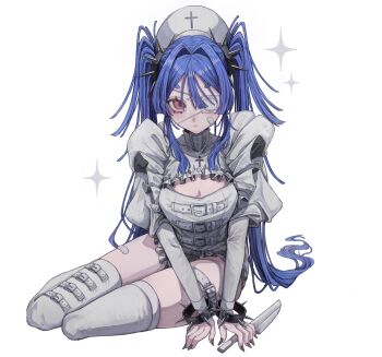 1girl arm_support bandaid bandaid_on_cheek bandaid_on_face belt black_nails blue_hair bracelet breasts cleavage commentary cross eyepatch frilled_leotard frilled_shrug frills hair_intakes hat high_collar highres holding holding_knife jewelry knife leotard long_hair long_sleeves looking_at_viewer medical_eyepatch medium_breasts nurse_cap original red_eyes saku050524 short_eyebrows shrug_(clothing) sidelocks simple_background sitting solo sparkle spiked_bracelet spiked_hair_ornament spikes thigh_strap thighhighs thighs twintails very_long_hair white_background white_belt white_leotard white_shrug white_thighhighs