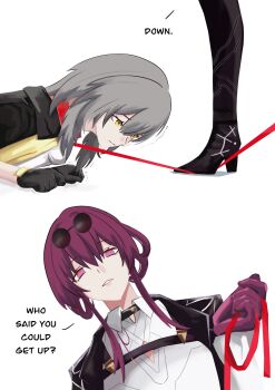 Rule 34 | 2girls, assertive female, boots, chest harness, commentary, drill hair, drill ponytail, eyewear on head, femdom, gloves, grey hair, harness, highres, honkai: star rail, honkai (series), jacket, kafka (honkai: star rail), leash, multicolored eyes, multiple girls, pov, purple eyes, purple gloves, purple hair, round eyewear, sadism, sei kafska, shirt, single thigh boot, stelle (honkai: star rail), sunglasses, thigh boots, trailblazer (honkai: star rail), two-tone eyes, viewer on leash, white shirt, yellow eyes, yuri