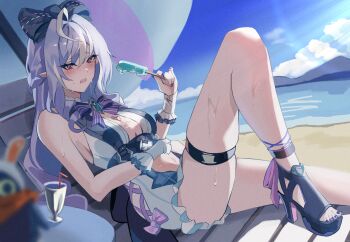 1girl absurdres ahoge bangboo_(zenless_zone_zero) beach beach_chair beach_umbrella blue_sky breasts commentary_request eous_(zenless_zone_zero) food high_heels highres holding holding_food holding_popsicle large_breasts long_hair lying melting mountainous_horizon nail_polish ocean official_alternate_costume one-piece_swimsuit open_mouth outdoors pointy_ears popsicle purple_eyes purple_hair skindentation sky solo swimsuit thigh_strap thighs toenail_polish toenails toes umbrella very_long_hair vivian_banshee vivian_banshee_(iris_of_the_shore) white_one-piece_swimsuit yato_(yama0x1) zenless_zone_zero