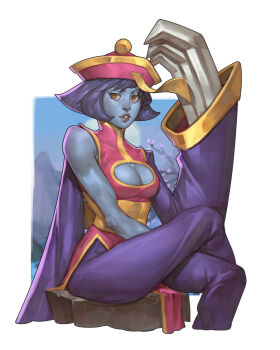 1girl artist_request asymmetrical_armwear blue_hair blue_skin breasts claws cleavage_cutout clothing_cutout colored_skin crossed_legs darkstalkers hat highres hsien-ko jiangshi lips medium_breasts pants rock sitting sleeves_past_wrists smile yellow_eyes