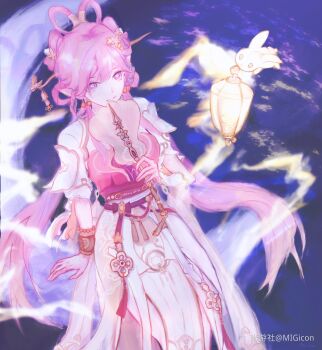 1girl bell breasts chinese_clothes chinese_commentary chinese_hairstyle commentary_request diamond-shaped_pupils diamond_(shape) dress earrings elf elysia_(hi_love_elf)_(honkai_impact) elysia_(honkai_impact) elysia_(moonlit_grace)_(honkai_impact) flower hair_bell hair_flower hair_ornament hand_fan highres holding holding_fan honkai_(series) honkai_impact_3rd jewelry lantern large_breasts long_hair looking_at_viewer migicon miyoushe_watermark ocean official_alternate_costume pink_hair pointy_ears purple_eyes rabbit smile solo symbol-shaped_pupils very_long_hair watermark white_dress