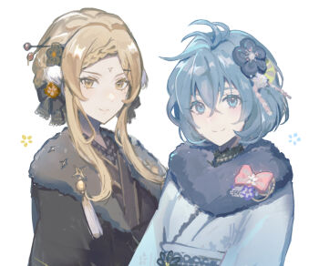 2girls alternate_costume alternate_hairstyle blonde_hair blue_eyes blue_hair braid drag-on_dragoon drag-on_dragoon_3 facial_mark five_(drag-on_dragoon) flower forehead_mark fur-trimmed_kimono fur_trim hair_flower hair_ornament japanese_clothes kimono long_hair miichinori mole mole_under_eye multiple_girls roman_numeral short_hair smile two_(drag-on_dragoon) upper_body yellow_eyes
