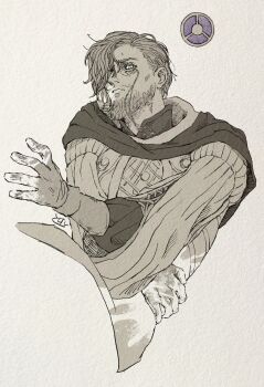 Rule 34 | 1boy, arm around waist, beard, clockclock12112, commentary, elden ring, facial hair, gloves, hair over one eye, highres, looking at viewer, male focus, mature male, monocle, mustache stubble, paper texture, partially colored, robe, scholar (elden ring), short hair, simple background, solo, stubble, symbol-only commentary, upper body, white background