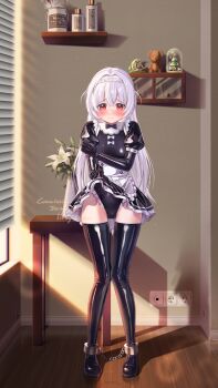 Rule 34 | 1girl, absurdres, apron, black leotard, black thighhighs, blush, bodysuit, boots, braid, breasts, clothes lift, cuffs, dress, frilled apron, frilled dress, frilled skirt, frills, full body, highres, indoors, latex, latex leotard, latex thighhighs, leno^a^, leotard, long hair, maid, original, red eyes, shackles, skirt, skirt lift, small breasts, solo, standing, thigh boots, thigh gap, thighhighs, very long hair, white hair