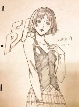 1girl 2018 checkered_clothes checkered_skirt cowboy_shot dated greyscale hairband halterneck highres long_sleeves monochrome niijima_makoto parted_lips persona persona_5 persona_5_the_animation pleated_skirt school_uniform shirt short_hair shuujin_academy_school_uniform sketch skirt solo turtleneck vest