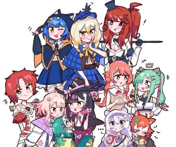! ... 6+girls airi_viridis animal_ears animal_hood black_gloves blaise_shinryu blonde_hair blue_capelet blue_hat blue_skirt blush burger capelet checkered_capelet checkered_clothes checkered_skirt chibi chio_chompi chromashift cup daiya_fortuna double_bun drinking eating eien_project elia_stellaria finger_to_mouth food gloves green_hair hair_bun hair_over_one_eye hat heart heterochromia highres holding holding_burger holding_cup holding_food hood indie_virtual_youtuber kanna_yanagi long_hair lottie_shinju medium_hair mozumi_pichi multicolored_hair multiple_girls pillowdear pillowdear_(1st_costume) pixellink poko_rakun poko_rakun_(1st_costume) poko_rakun_(artist) purple_ribbon raki_kazuki red_eyes red_hair ribbon short_hair shushing simple_background sketch skirt tilted_headwear top_hat v-dere virtual_youtuber white_background white_hair witch_hat yellow_eyes