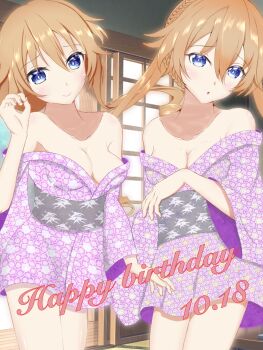 2girls breasts cleavage date_a_live grey_eyes highres japanese_clothes kimono long_hair mi_nijira multiple_girls orange_hair siblings thighs twins yamai_kaguya yamai_yuzuru yukata