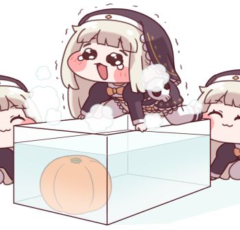 3girls :3 ^_^ black_dress black_shoes blush_stickers brown_hair chibi closed_eyes closed_mouth commentary_request dress juliet_sleeves long_hair long_sleeves meme multiple_girls multiple_persona open_mouth puffy_sleeves pumpkin shirosato shoes simple_background speaki_(trickcal) speakiposting_(meme) thighhighs trembling trickcal veil very_long_hair water water_tank wavy_eyes white_background white_thighhighs