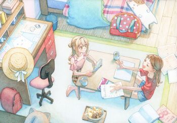 2girls ayumi backpack bag barefoot bedroom blonde_hair blue_shorts brown_hair chair cup desk from_above hair_intakes half_updo hat highres homework indoors looking_at_another mug multiple_girls open_mouth original piggy_bank plaid_clothes plaid_skirt randoseru red_shirt rug seashell shell shirt shorts sitting skirt smile stuffed_animal stuffed_cat stuffed_dinosaur stuffed_toy swivel_chair table unworn_backpack unworn_bag unworn_hat unworn_headwear wooden_floor yokozuwari