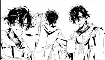 1boy :d ^_^ antenna_hair blush border cheng_xiaoshi closed_eyes commentary_request cup drawstring fang foooo_goo greyscale hair_between_eyes highres holding holding_cup hood hood_down hoodie jacket long_sleeves looking_at_viewer male_focus messy_hair monochrome mug multiple_views one_eye_closed open_clothes open_jacket open_mouth ponytail shiguang_dailiren shirt short_hair short_ponytail simple_background smile upper_body white_background