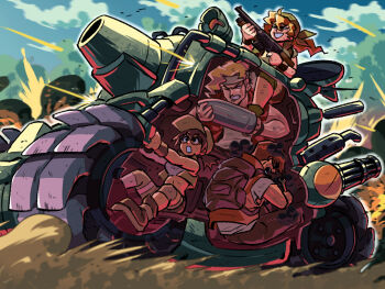 2boys 2girls ammunition backpack bag bandana baseball_cap blonde_hair boots brown_hair bullet_hole cannon caterpillar_tracks cloud commentary cut-away driving dust_cloud english_commentary explosion explosive fio_germi firing gatling_gun glasses gloves gun hat headband highres holding holding_gun holding_weapon kasamoto_eri knee_pads machine_gun marco_rossi metal_slug military military_uniform military_vehicle motor_vehicle multiple_boys multiple_girls navel open_mouth outdoors ponytail repairing rifle rocket_launcher round_eyewear shorts sky smile smoke snk submachine_gun sv001_(metal_slug) tank tank_interior tank_shell tank_top tarma_roving tina_fate vest weapon x-ray