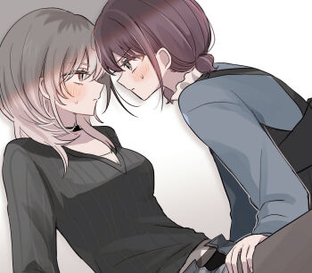 Rule 34 | 2girls, absurdres, black choker, black skirt, black sweater, blue shirt, blush, choker, closed mouth, commentary, eye contact, girls band cry, grey eyes, grey hair, hamchan69, hand on another's thigh, highres, iseri nina, kawaragi momoka, long hair, long sleeves, looking at another, multicolored hair, multiple girls, open clothes, open shorts, red hair, roots (hair), shade, shirt, short twintails, shorts, skirt, suspender skirt, suspenders, sweat, sweater, twintails, yuri