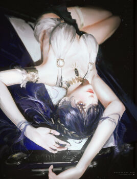 1girl absurdres adapted_costume armlet arms_up artist_name black_skirt blue_eyes blue_hair breasts car cleavage closed_mouth commentary english_commentary english_text highres iuno_(wuthering_waves) jewelry large_breasts laurel_crown long_hair looking_at_viewer lying motor_vehicle on_back on_car skirt solo thighlet thighs ui_uiiiiiiiii wuthering_waves