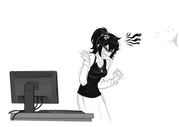 1girl aierlaobo andrew_graves anger_vein clenched_hands clenched_teeth closed_eyes collared_shirt computer computer_keyboard desk double-parted_bangs flying_sweatdrops greyscale hair_between_eyes hair_tie hands_up high_contrast high_ponytail highres jewelry long_sleeves medium_hair meta monochrome necklace ponytail renee_graves shirt simple_background skirt solo spot_color sweater_vest teeth the_coffin_of_andy_and_leyley v-shaped_eyebrows white_background