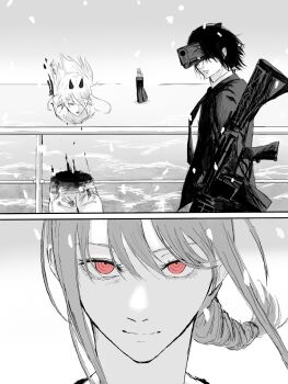 Rule 34 | 1boy, 2girls, absurdres, blood, braid, chainsaw man, closed mouth, demon girl, demon horns, dress, formal clothes, greyscale, gun, gun devil (chainsaw man), gun fiend (chainsaw man), halo, hayakawa aki, highres, horns, jacket, makima (chainsaw man), monochrome, multiple girls, nabe92213, power (chainsaw man), red eyes, rifle, ringed eyes, single braid, spot color, suit, suit jacket, weapon