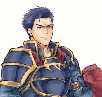 1boy armor blue_armor blue_eyes blue_hair cape fire_emblem fire_emblem:_the_blazing_blade hector_(fire_emblem) hotate_rayan looking_at_viewer male_focus nintendo red_cape short_hair smile solo