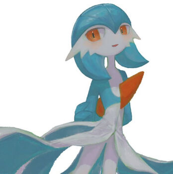 1girl alternate_color arms_behind_back bad_id bad_pixiv_id blue_hair blue_skin blush bob_cut butter_(oshi8kyoumoh) colored_skin cowboy_shot female_focus flat_chest gardevoir gen_3_pokemon hair_between_eyes half-closed_eyes happy holding_own_arm light_blush looking_afar looking_to_the_side multicolored_skin nintendo open_mouth orange_eyes pokemon pokemon_(creature) shiny_pokemon short_hair sideways_glance simple_background smile solo standing two-tone_skin white_background white_skin