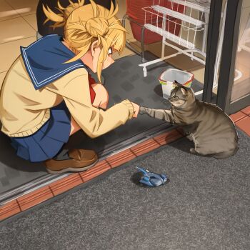 1girl 1other absurdres animal bird black_sailor_collar black_skirt black_socks blonde_hair blue_sailor_collar blue_skirt blunt_bangs blush boku_no_hero_academia brown_footwear cardigan cat dead_animal death doorway double_bun fist_bump from_side grocery_store hair_bun highres khyle. kneehighs long_sleeves meme messy_hair miniskirt open_door photo-referenced pleated_skirt sailor_collar school_uniform shop shopping_basket short_hair skirt sliding_doors smile socks squatting tabby_cat toga_himiko