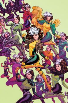 Rule 34 | 1girl, big hair, black bodysuit, bodysuit, boots, breasts, brown hair, brown jacket, cape, comic cover, commentary, crop top, cropped jacket, dress, elbow gloves, english commentary, gloves, goggles, green background, green bodysuit, green boots, green eyes, green gloves, green headband, green leotard, hair slicked back, headband, highres, jacket, leotard, long hair, looking at viewer, looking to the side, marvel, medium breasts, medium hair, multicolored bodysuit, multicolored hair, multiple persona, official alternate costume, official art, orange bodysuit, orange dress, ponytail, puffy sleeves, purple bodysuit, red-tinted eyewear, red bodysuit, rogue (x-men), russell dauterman, short hair, strapless, strapless leotard, superhero costume, thigh boots, tinted eyewear, torn clothes, two-tone bodysuit, white hair, x-men, yellow bodysuit, yellow boots, yellow cape, yellow gloves, yellow leotard