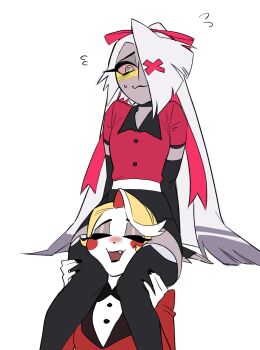 2girls :3 @_@ between_thighs blonde_hair blush bow charlie_morningstar circle_facial_mark colored_inner_hair elbow_gloves fang fingerless_gloves gloves hair_bow hazbin_hotel head_between_thighs hellaverse highres hunyangzi invisible_chair long_hair multicolored_hair multiple_girls open_mouth sitting vaggie very_long_hair yuri