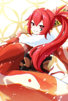 1girl bow chinese_zodiac commentary_request cul fang from_behind fur_collar grin hagoita highres holding ink_on_face japanese_clothes kimono long_hair looking_back looking_to_the_side new_year obi paddle ponytail red_eyes red_hair sash smile snake_print solo tachi_(bokarokazoku) very_long_hair vocaloid wide_sleeves year_of_the_snake