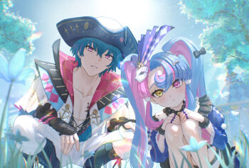 1boy 1girl 8k_u blue_hair brant_(wuthering_waves) collarbone commentary_request hair_between_eyes hat heterochromia highres looking_at_viewer mask mask_on_head multicolored_hair pants parted_lips pink_eyes pink_hair purple_eyes roccia_(wuthering_waves) short_hair squatting tacet_mark_(wuthering_waves) tricorne twintails two-tone_hair white_pants wuthering_waves yellow_eyes