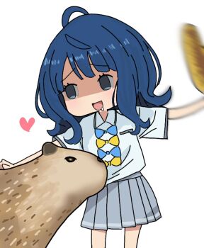 Rule 34 | 1girl, blue eyes, blue hair, capybara, chibi, drooling, empty eyes, heart, highres, legs, make heroine ga oo sugiru!, school uniform, shaded face, skirt, smile, thighs, tongue, yanami anna