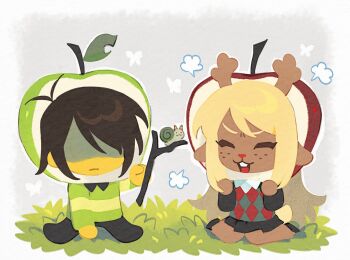 Rule 34 | 1girl, 1other, apple costume, black skirt, blonde hair, brown hair, bug, butterfly, checkered clothes, checkered vest, chibi, chibi only, commentary, deltarune, green shirt, hashtag-only commentary, highres, holding, holding stick, insect, kris (deltarune), long hair, noelle holiday, on grass, partially shaded face, shirt, short hair, single horizontal stripe, sitting, skirt, snail, stick, striped clothes, striped shirt, umikuri, utdr (toby fox), vest