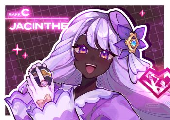 1girl character_name dark-skinned_female dark_skin derivative_work dress english_text fascinator glove_bow gloves hands_up heart heart_ring highres holding holding_poke_ball jacinthe_(pokemon) long_hair looking_at_viewer luxury_ball mega_stone nintendo open_mouth outline poke_ball pokemon pokemon_legends:_z-a purple_dress purple_eyes purple_hair screenshot_redraw shirayukibanshi smile teeth upper_teeth_only very_dark_skin white_outline