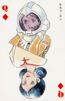 1980s_(style) 1girl bindi black_hair card_(medium) dark_skin diamond_(shape) gloves gundam happy highres lalah_sune looking_at_viewer magazine_scan military_uniform mobile_suit_gundam oldschool pilot_suit playing_card playing_card_(medium) poker promotional_art queen_(playing_card) queen_of_diamonds retro_artstyle scan science_fiction smile spacesuit translation_request tunic yasuhiko_yoshikazu zeon