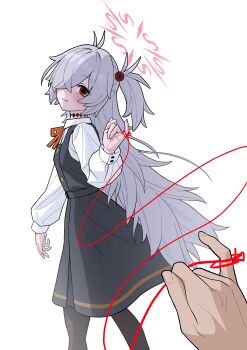 1boy 1girl absurdres black_pantyhose blue_archive blush closed_mouth commentary_request dress grey_dress grey_hair hair_over_one_eye halo highres kanoe_(blue_archive) korean_commentary long_hair long_sleeves looking_at_viewer neck_ribbon okokorika one_eye_covered orange_eyes orange_ribbon pantyhose pinafore_dress pinky_out pov pov_hands ribbon shirt sidelocks simple_background sleeveless sleeveless_dress solo_focus standing string string_of_fate two_side_up very_long_hair white_background white_shirt