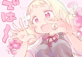 1girl blonde_hair blush braid breasts collared_shirt dress dress_shirt flower gradient_hair grey_dress hair_flower hair_ornament hands_up long_hair looking_ahead love_live! love_live!_superstar!! medium_breasts multicolored_hair neck_ribbon nekokun onitsuka_natsumi open_hands open_mouth palms pinafore_dress pink_background pink_eyes pink_hair red_ribbon ribbon school_uniform shirt short_sleeves sleeveless sleeveless_dress smile solo spread_fingers summer_uniform upper_body white_flower white_shirt yuigaoka_school_uniform