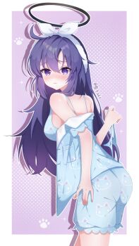 1girl blue_archive blue_bra blue_pajamas blue_panties blue_shorts blush bra closed_mouth commentary_request hair_between_eyes hair_ribbon hairband halo highres holding holding_panties holding_underwear holding_unworn_clothes long_hair looking_at_viewer mechanical_halo pajamas panties purple_eyes purple_hair ribbon shorts solo underwear white_hairband white_ribbon yuanzi_ako yuuka_(blue_archive) yuuka_(pajamas)_(blue_archive)