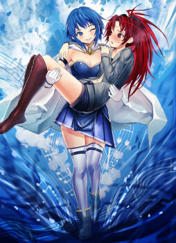 Rule 34 | 2girls, absurdres, arm around shoulder, armpit crease, bandeau, black bow, blue boots, blue eyes, blue hair, blush, boots, bow, breasts, cape, carrying, cleavage, collarbone, commentary request, denim, denim shorts, frills, gloves, grey hoodie, hair bow, hand on another's shoulder, high ponytail, highres, hood, hoodie, knee boots, long hair, magical girl, mahou shoujo madoka magica, mahou shoujo madoka magica (anime), miki sayaka, multiple girls, musical note background, navel, nose blush, one eye closed, open mouth, ponytail, princess carry, red eyes, red hair, rokuba, sakura kyoko, short hair, shorts, smile, thighhighs, white cape, white gloves, white thighhighs, zettai ryouiki