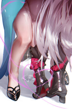 2girls bare_legs black_shoes commentary english_commentary heel_up high_heels highres honkai_(series) honkai_impact_3rd leg_between_thighs leg_focus legs long_hair multiple_girls nyeppu paid_reward_available pussy_juice pussy_juice_puddle shadow shoes signature simple_background songque songque_(astralop) standing thelema_nutriscu thelema_nutriscu_(mad_pleasure:_shadowbringer) very_long_hair white_background white_hair yuri
