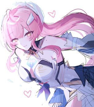 1girl aemeath_(wuthering_waves) ahoge bare_shoulders breasts cleavage commentary hair_ornament highres leaning_forward leotard long_hair looking_at_viewer medium_breasts mole mole_on_shoulder parted_lips pink_hair skirt smile solo soyogi_nrso star-shaped_pupils star_(symbol) symbol-shaped_pupils tacet_mark_(wuthering_waves) white_leotard white_skirt wuthering_waves