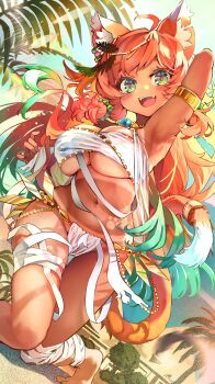 1girl absurdres ahoge animal_ear_fluff animal_ears arm_behind_head armlet armpits bandaged_leg bandages barefoot blush breasts diamond-shaped_pupils diamond_(shape) gold_armlet gradient_hair green_eyes green_hair hair_ornament highres leaf_hair_ornament melaton mozumi_pichi multicolored_hair navel open_mouth orange_hair palm_tree paw_print red_pupils second-party_source shadow smile solo symbol-shaped_pupils tail tan tanline teeth thigh_gap tree upper_teeth_only v-dere virtual_youtuber wolf_ears wolf_girl
