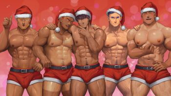 5boys :p ^_^ abs absurdres arm_around_shoulder arm_hair bara beard beard_stubble blush bulge chest_hair christmas closed_eyes covered_penis dark-skinned_male dark_skin facial_hair feet_out_of_frame flexing full_beard goatee gorou_naoki hairy hand_hair hat highres knuckle_hair large_pectorals leg_hair looking_at_viewer male_focus mature_male multiple_boys muscular muscular_male navel navel_hair nipples one_eye_closed original pectorals red_headwear santa_costume santa_hat seductive_smile short_hair smile standing stomach stubble tan tanline thick_eyebrows thick_thighs thighs thumbs_up tongue tongue_out topless_male veins veiny_arms yaoi