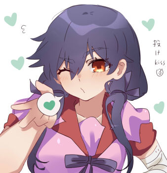 Rule 34 | 1girl, absurdres, bandaged arm, bandages, blowing kiss, blush, bow, bowtie, breasts, close-up, closed mouth, collared shirt, commentary, dress shirt, eyelashes, flying sweatdrops, hair between eyes, hair over shoulder, hair ribbon, hand up, heart, heart background, highres, kanbaru suruga, long hair, looking at viewer, low twintails, medium breasts, monogatari (series), naoetsu high school uniform, neck ribbon, one eye closed, pink shirt, portrait, puffy short sleeves, puffy sleeves, purple bow, purple bowtie, purple hair, purple ribbon, pursed lips, red trim, ribbon, school uniform, shirt, short sleeves, solo, speech bubble, spoken heart, summer uniform, thick eyebrows, translated, tsugumi (tgm 615486), twintails, untranslatable commentary, white background