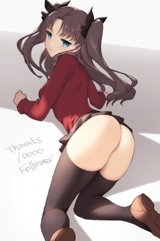 1girl black_hair black_skirt black_thighhighs blue_eyes commentary_request fate/stay_night fate_(series) female_focus from_behind frown gomashio_ponz hair_ribbon highres long_hair looking_at_viewer miniskirt ribbon skirt solo thighhighs tohsaka_rin two_side_up